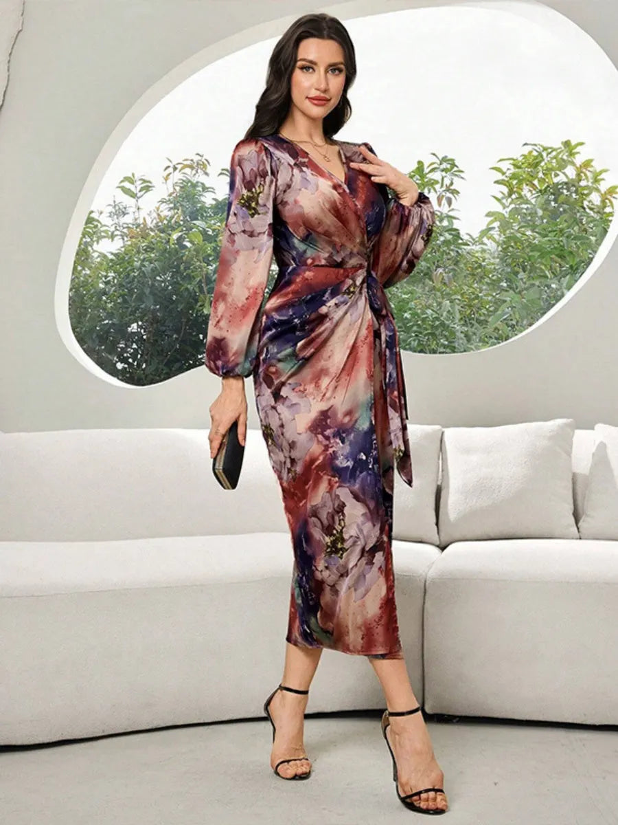 Printed V-neck Cardigan With Belt Midi Dresses