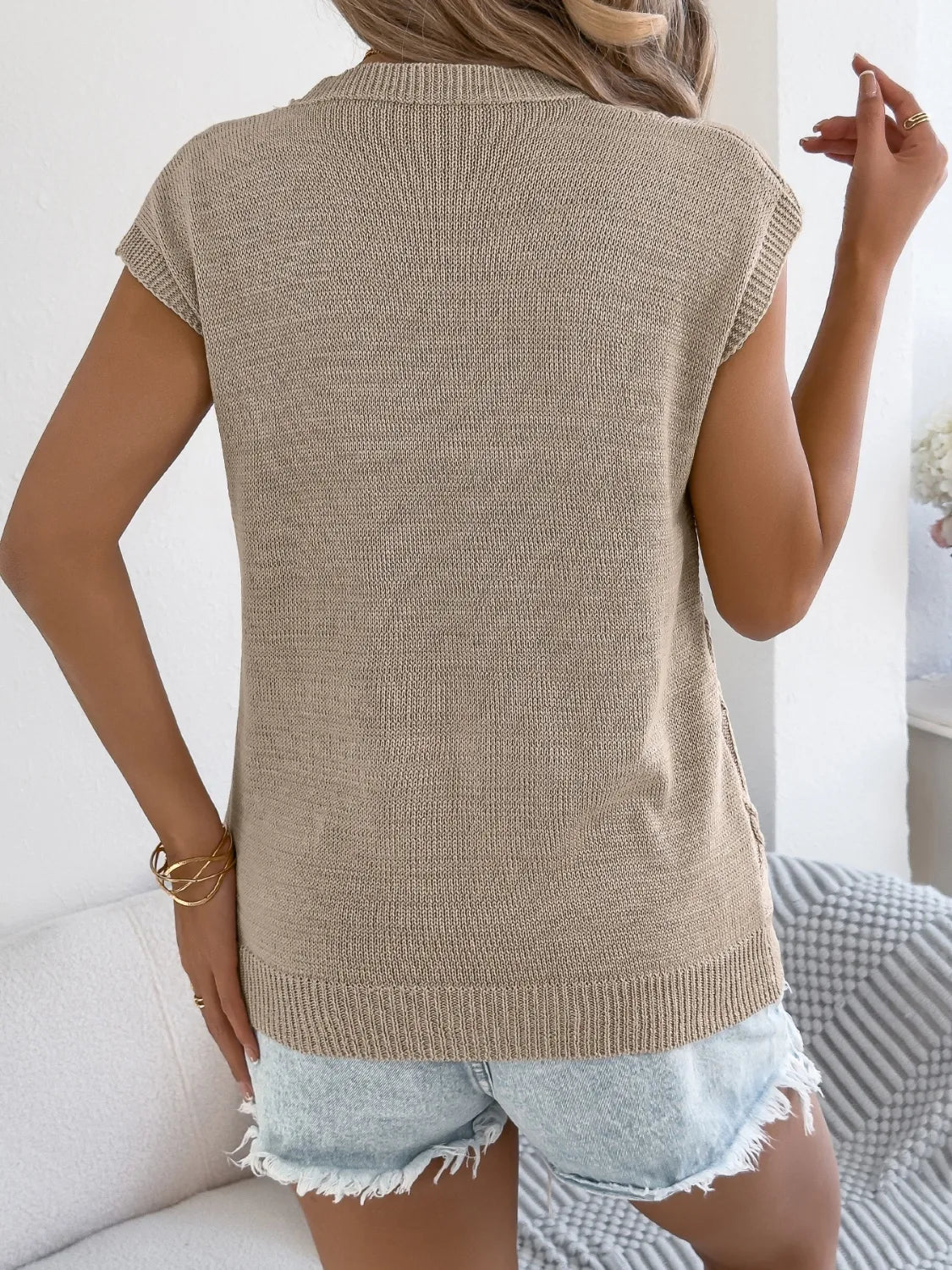 Top Cable Knit Cap Sleeve Sweater Vest Trendy Stretchy