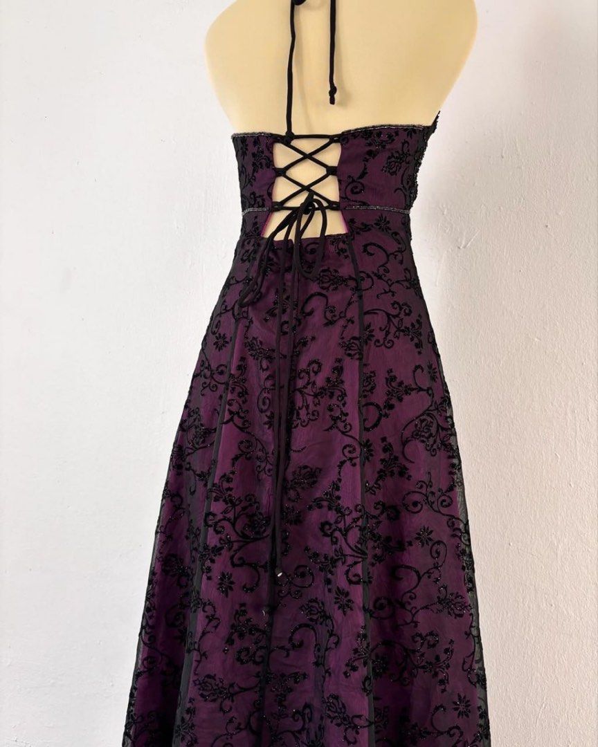 -Dark Purple Vintage Exquisite Floral Long Chiffon Prom Dress Homecoming Dress Fairy Dress
