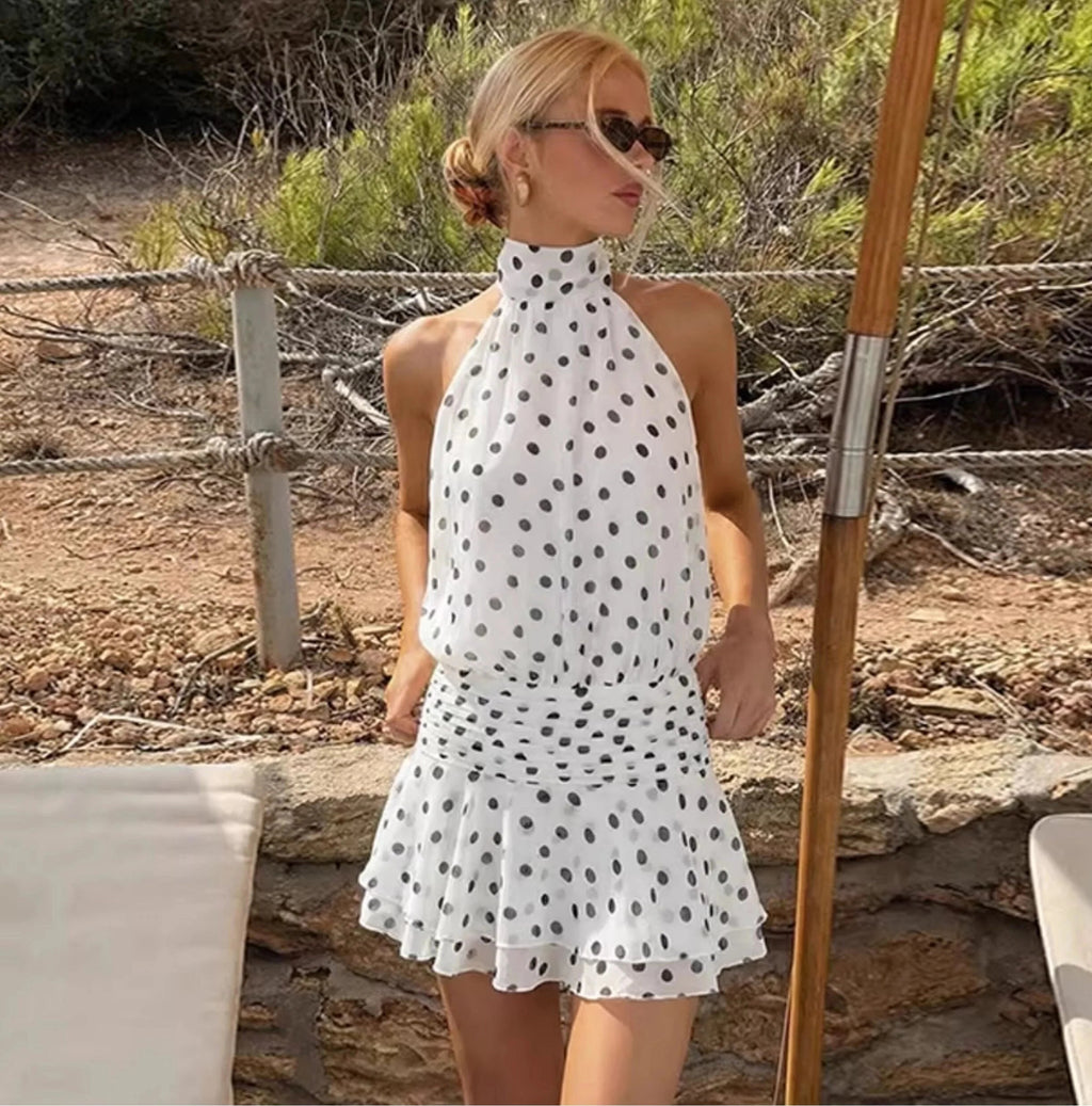 Wave Dot Halter Mini Dress