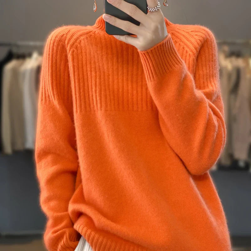 Elegant Warm Women's Turtleneck Sweater with Ribbed Details