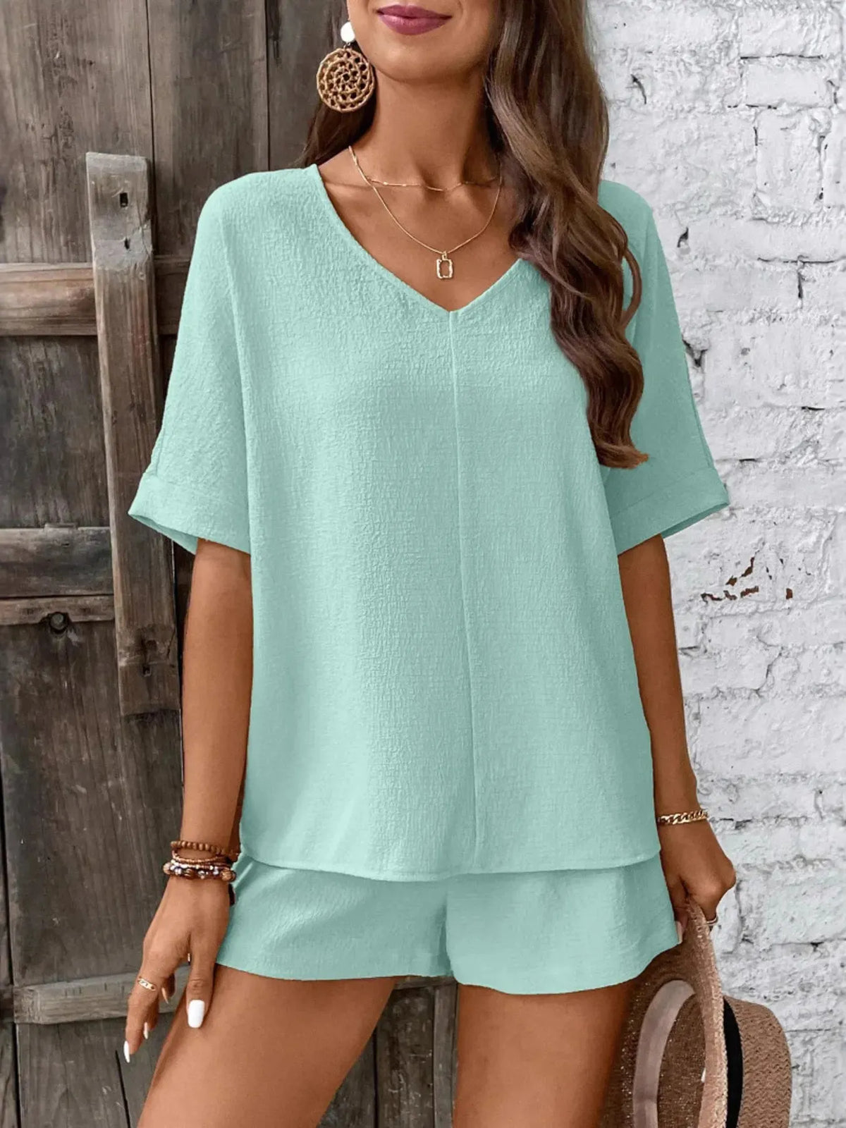 Two-Piece Outfit Set V-Neck Top and Relaxed Shorts Summer