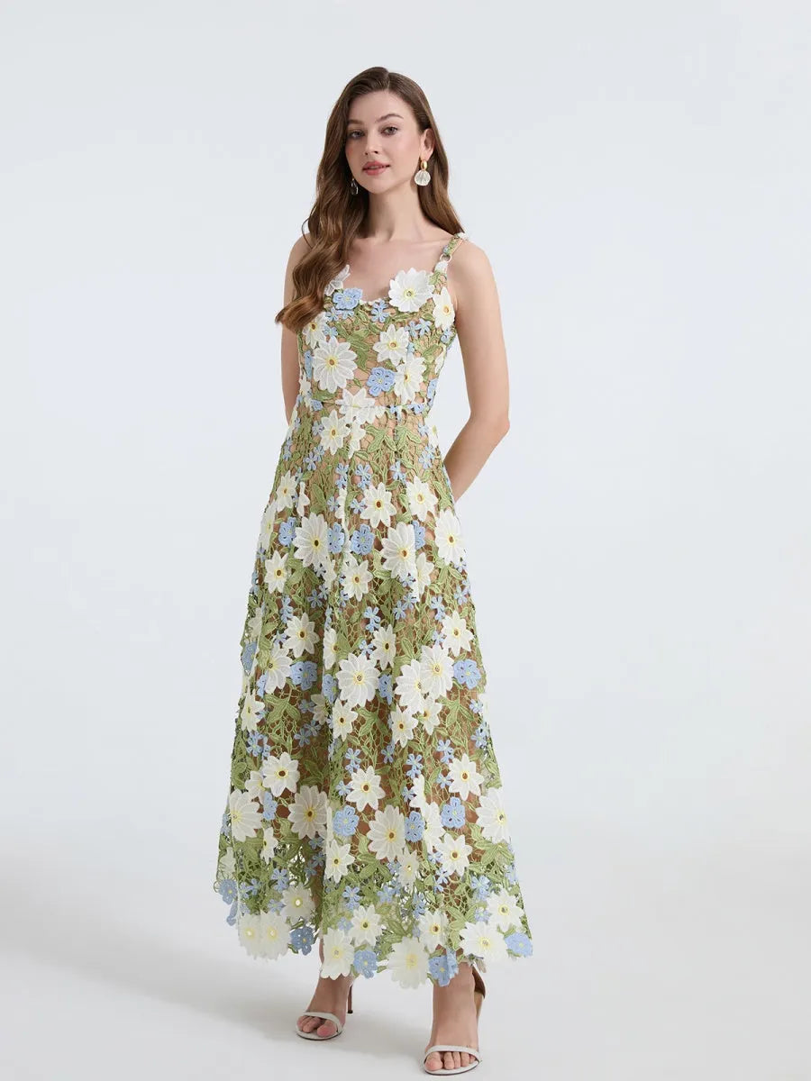 Lace Embroidery Spaghetti Strap Long Dress