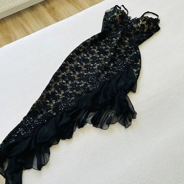 Black Fashion Exquisite Lace Long Ruffled Ball Gown Evening Dress Party Dress