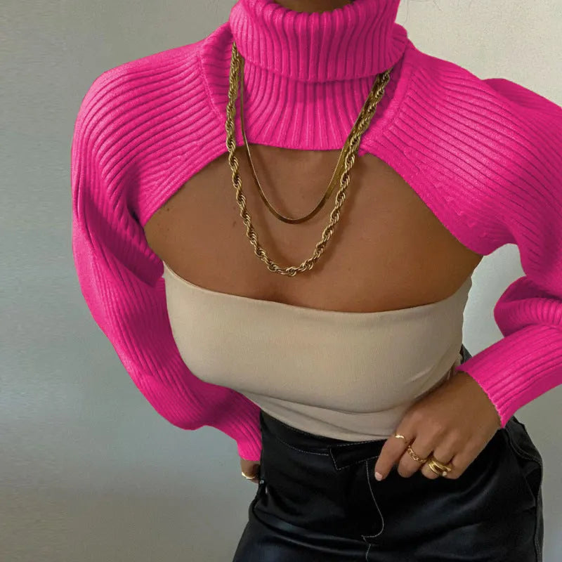Women Casual Edgy Long Puff Sleeves Turtle Neck Solid Color Sweater