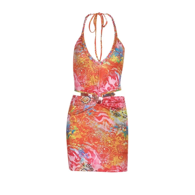 Printed Hollow Neck Mini Dress