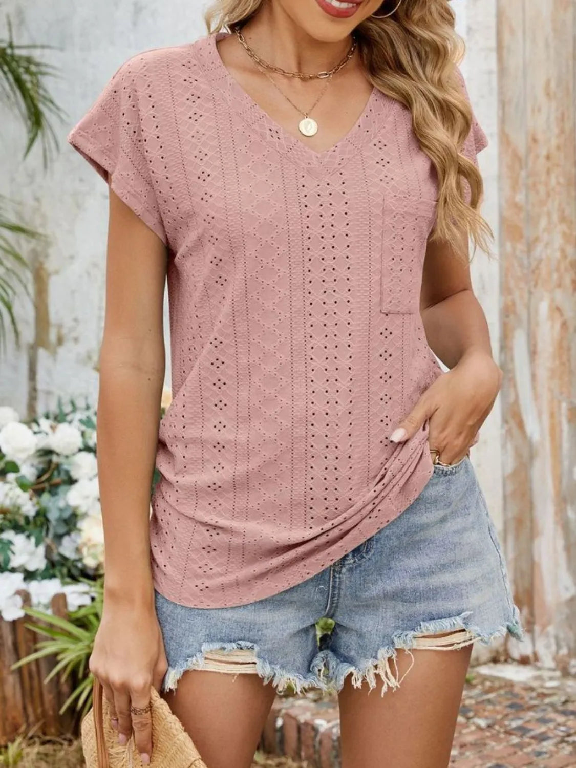 Blouse Top Casual Comfy Slight Stretch Eyelet Boho Chic