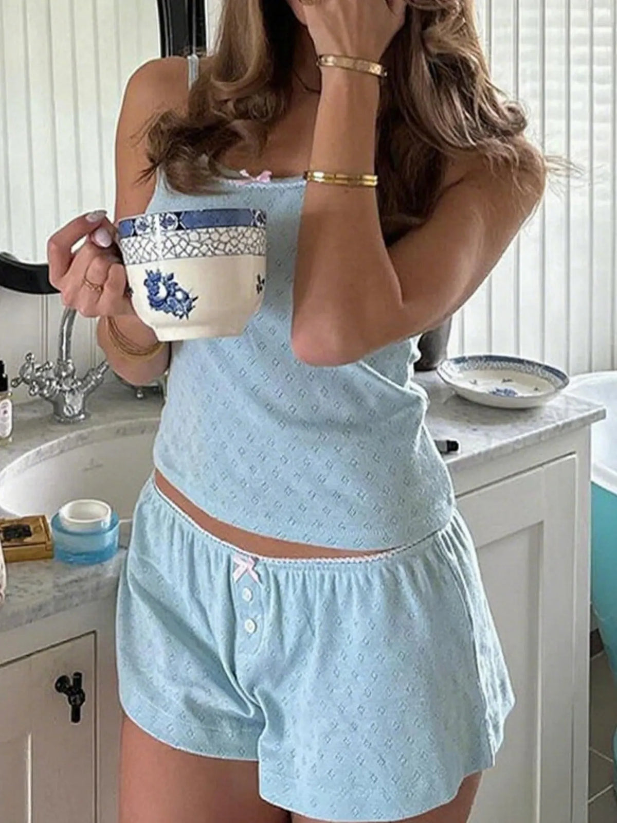 Bow Trim Suspender Shorts Sweet Home Decor 2-piece Sets