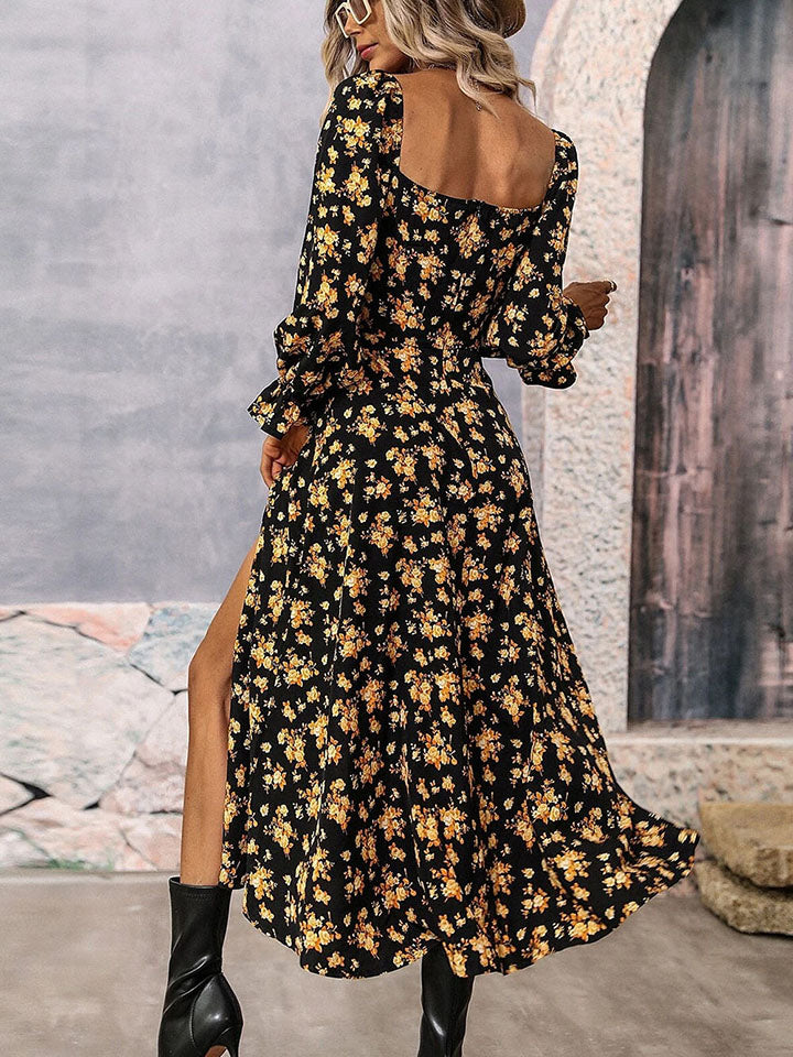 A-Line Midi Dress Floral Side Slit Stretch Cocktail