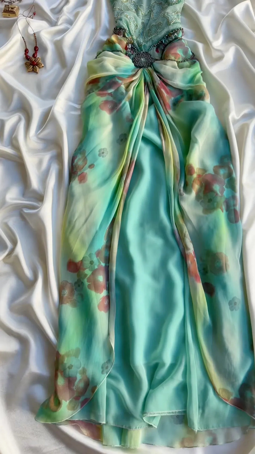 Beaded Floral Print Halter Evening Gown