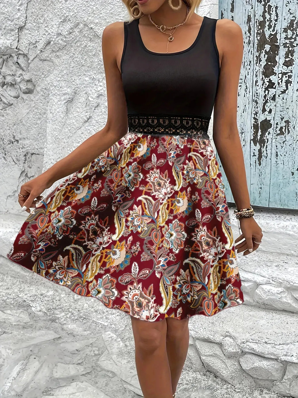 Printed A-Line Tank Dress with Lace Waist