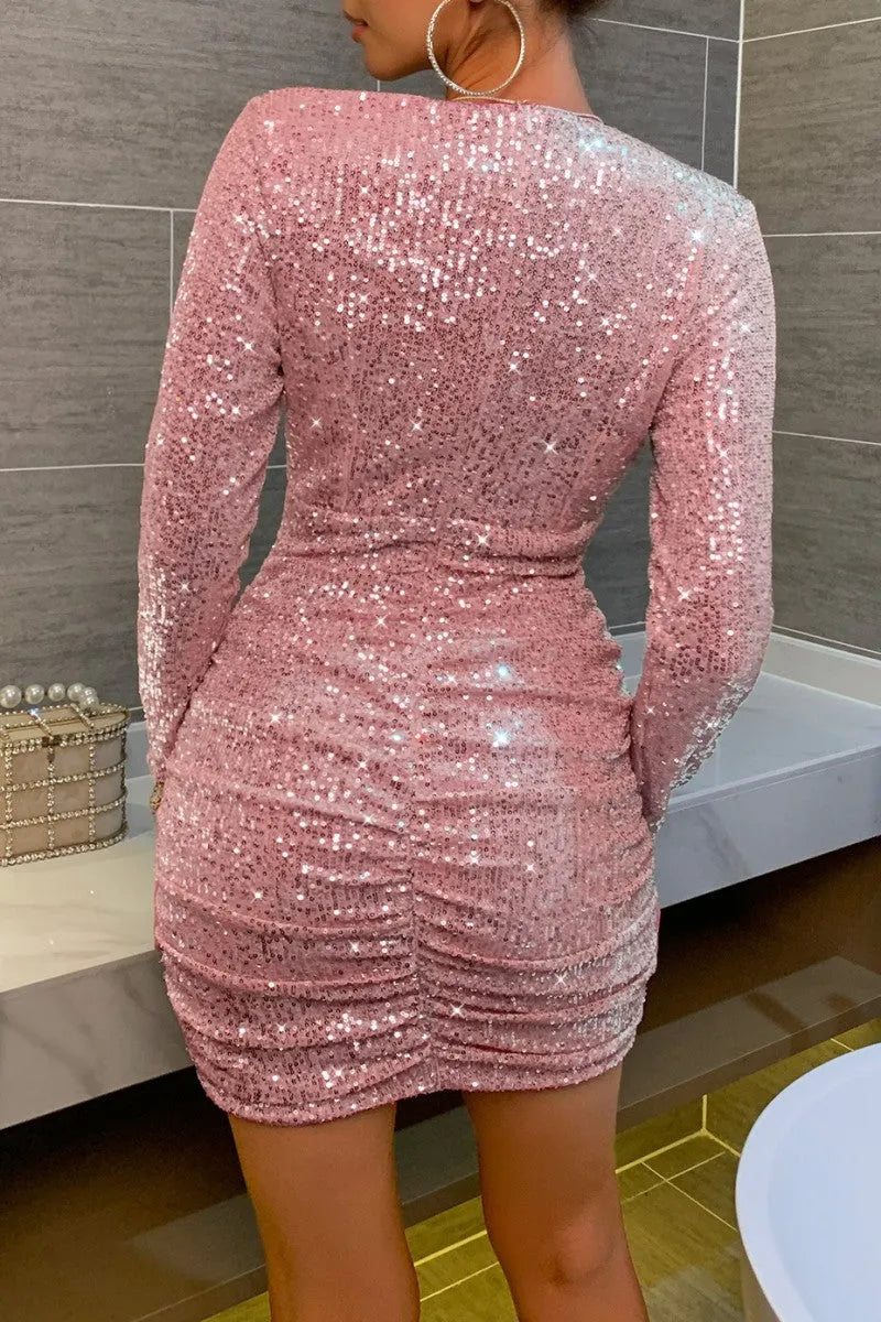Sexy Patchwork Sequins Fold V Neck Long Sleeve Dresses(5 Colors)