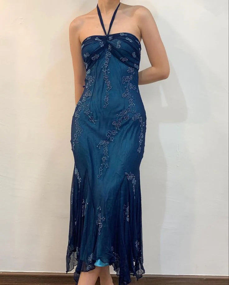 Dark Blue Fairy Mermaid Beaded Long Chiffon Formal Prom Evening Dress Wedding Guest Party Gown Dress Greek Halter Neck