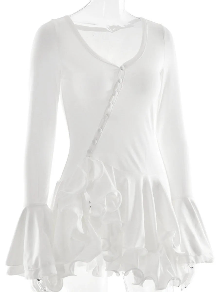 V-neck Long Sleeve Ruffle Mini&Short Dresses