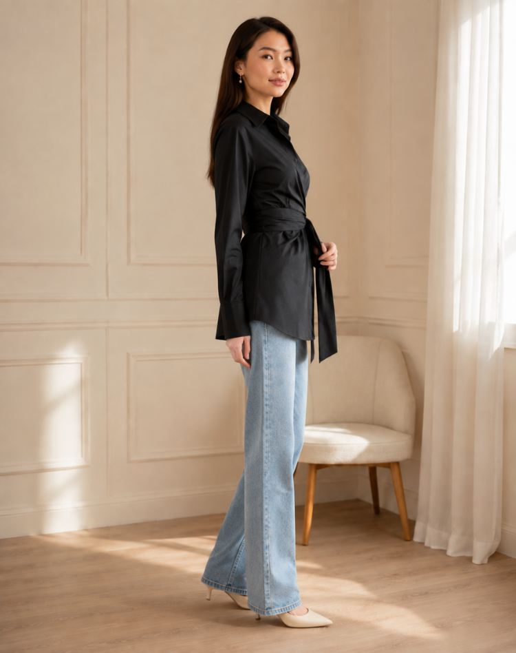 Long Blouse with Waist Button and Long Sleeves for Women