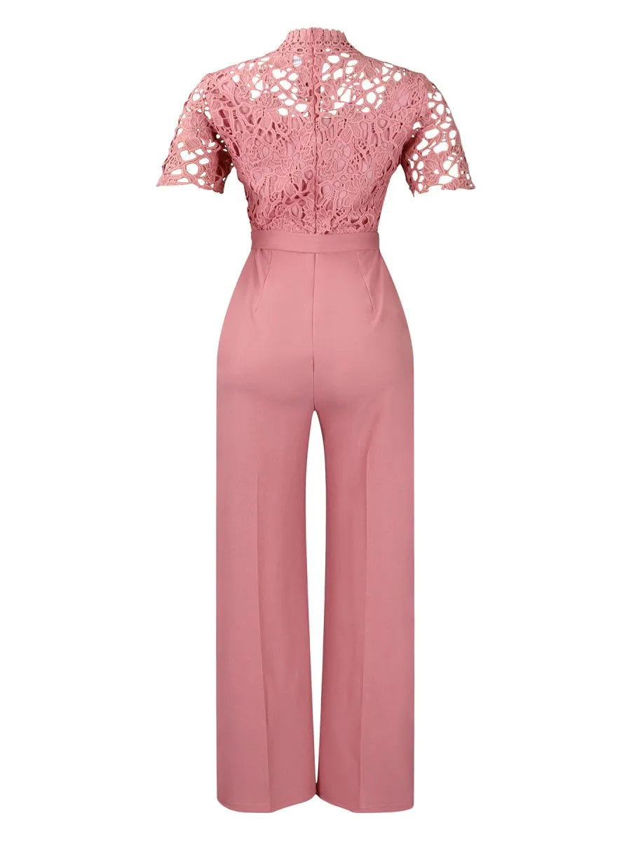 Lace Trim Hollow Short Sleeve Bandage High Waist Wide Leg Jumpsuits