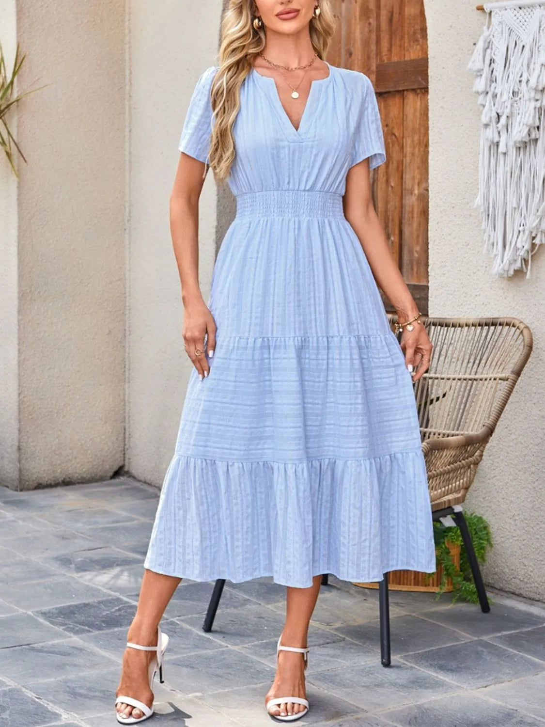 Midi Dress Chic Unlined Comfort Tiered Pocketed Casual