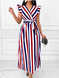 Stripes V-neck Belts Maxi Dresses