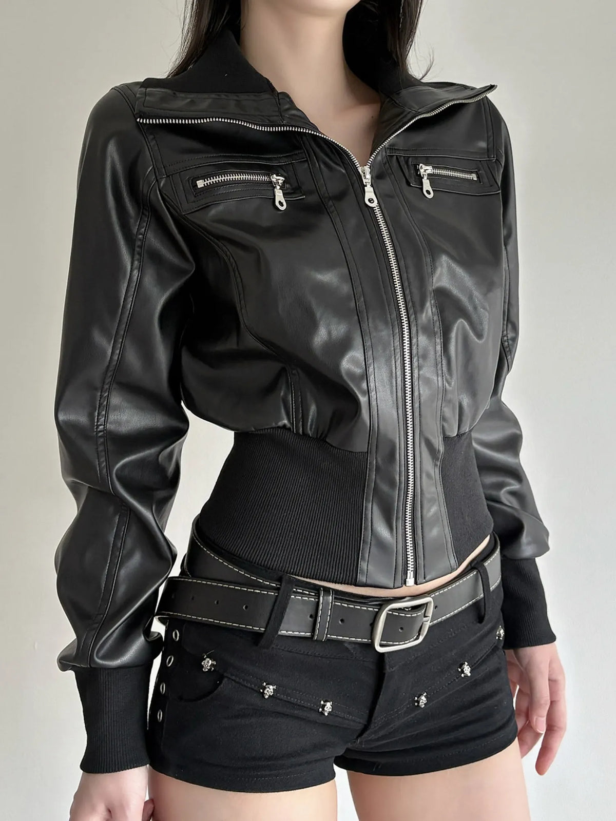 PU Leather Lapel Pocket Patchwork Slim Fit Jackets