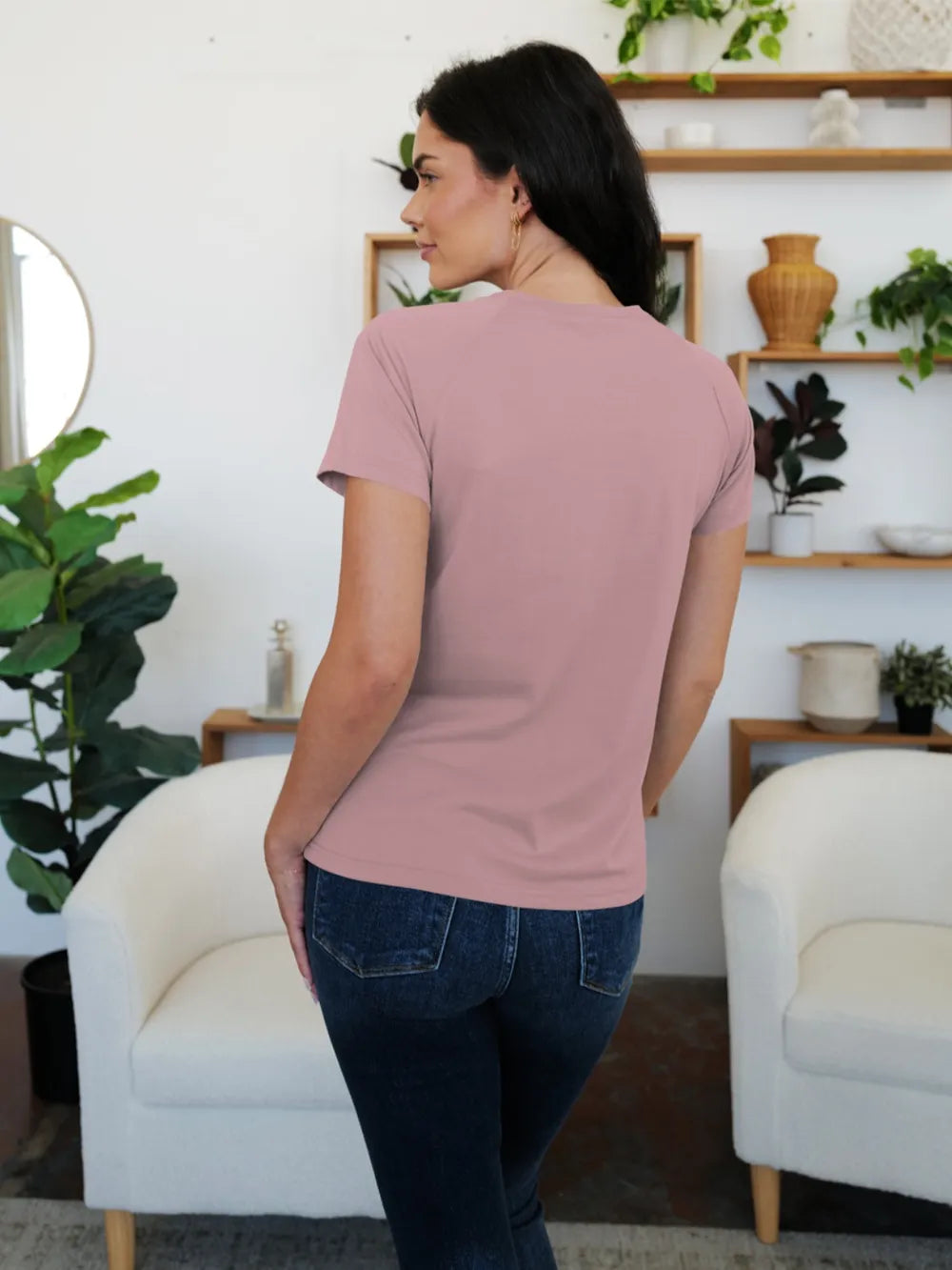 T-Shirt Basic Casual Chic Pleated Slightly Stretchy