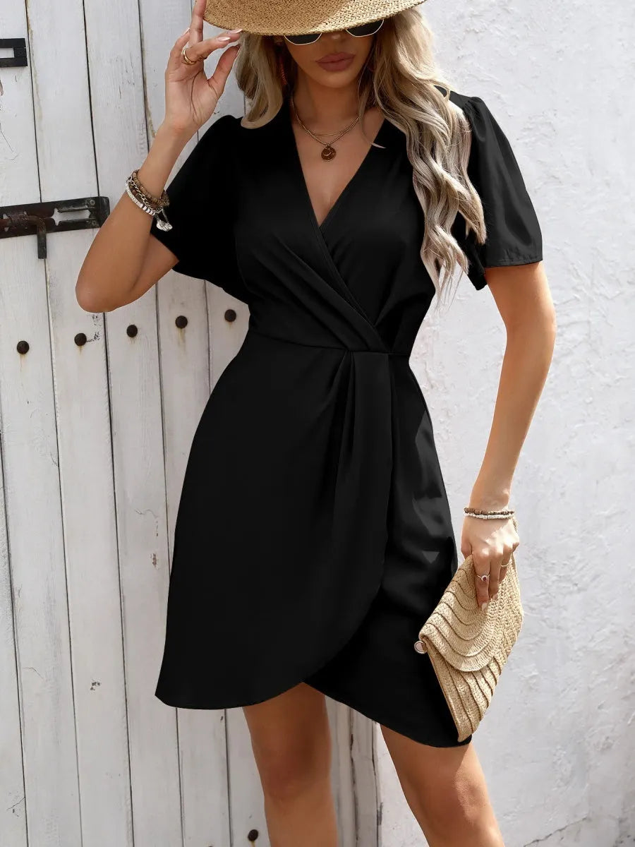 V-neck Pleated Cross Commuting Mini&Short Dresses