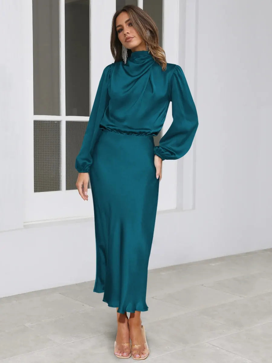Satin Long Sleeve Zipper Solid Color Maxi Dresses