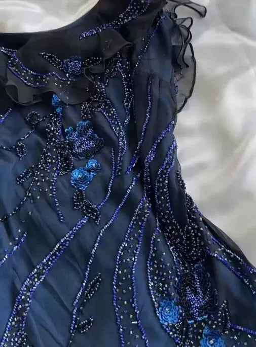 Navy Blue Gorgeous Exquisite Fashion Beaded Charming Long Tulle Elegant Ball Gown Evening Dress Party Dress