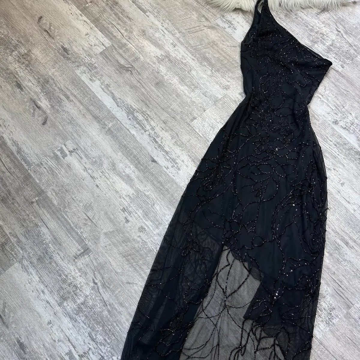 Black shiny fashion one shoulder floral beaded long prom dress evening gown party dress