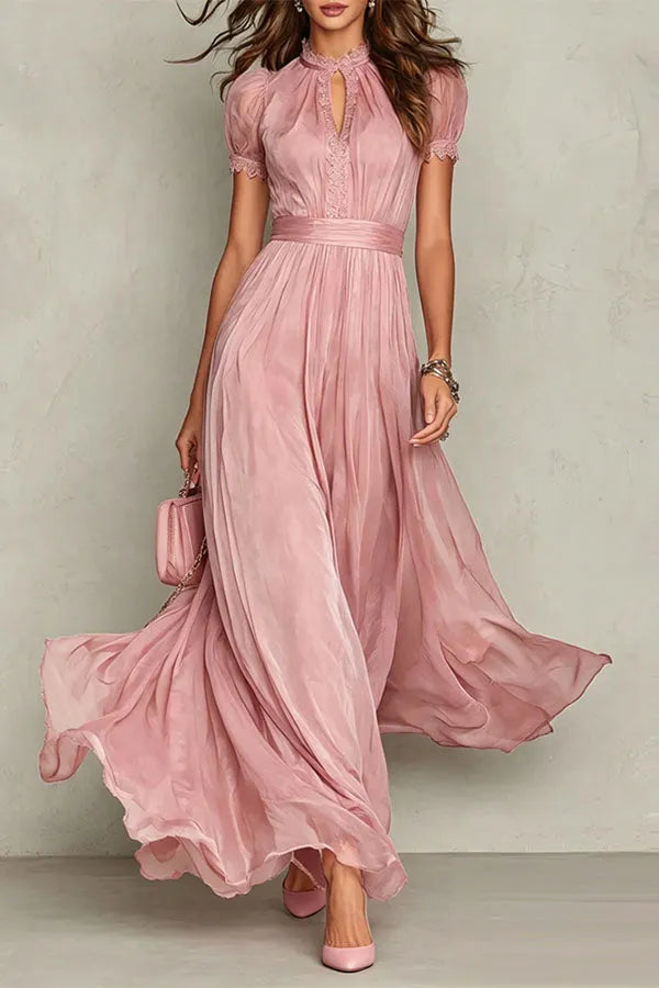 Elegant Lace Trim Keyhole Puff Sleeve Flowing Chiffon Maxi Dress