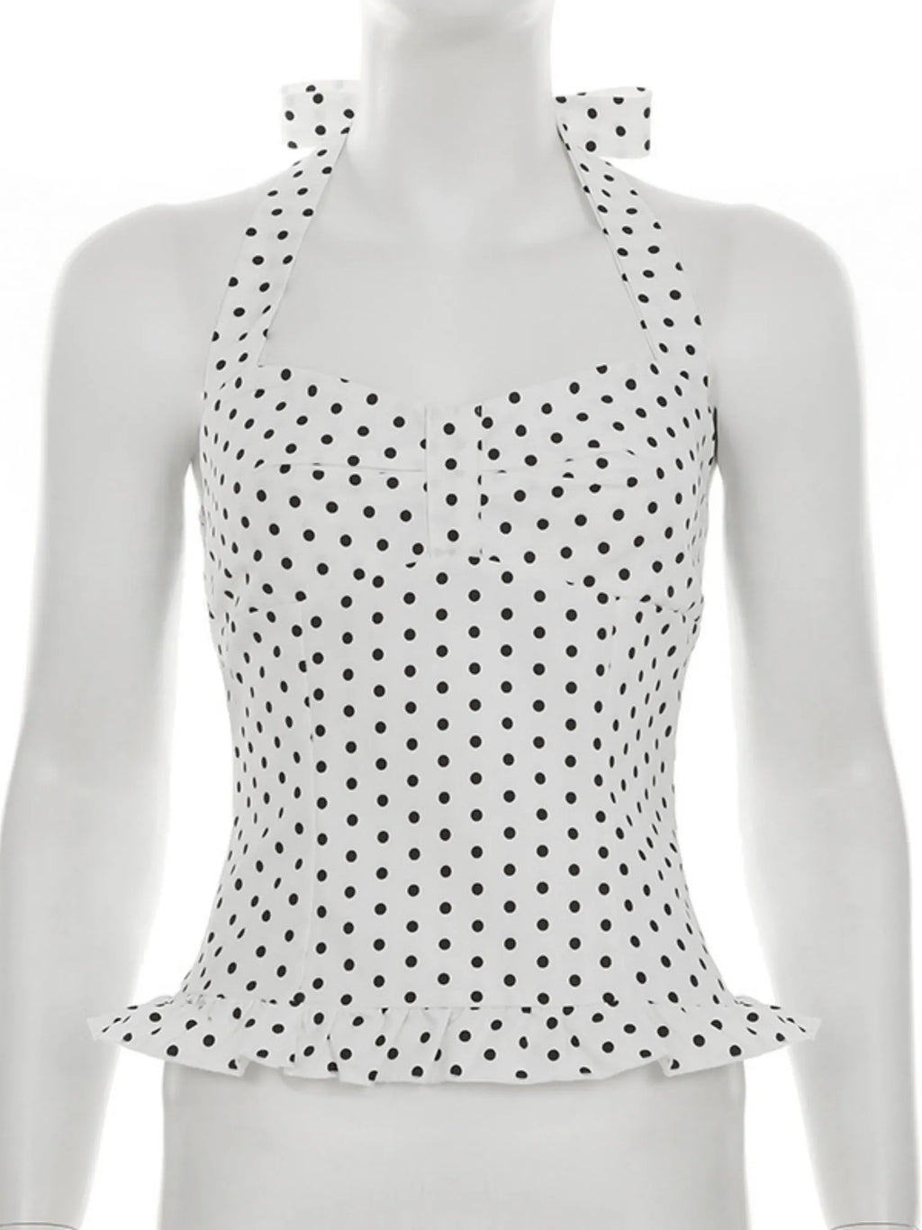Polka Dots Wavy Lace Chest Pleats Neck Strap Tank Tops&Camis