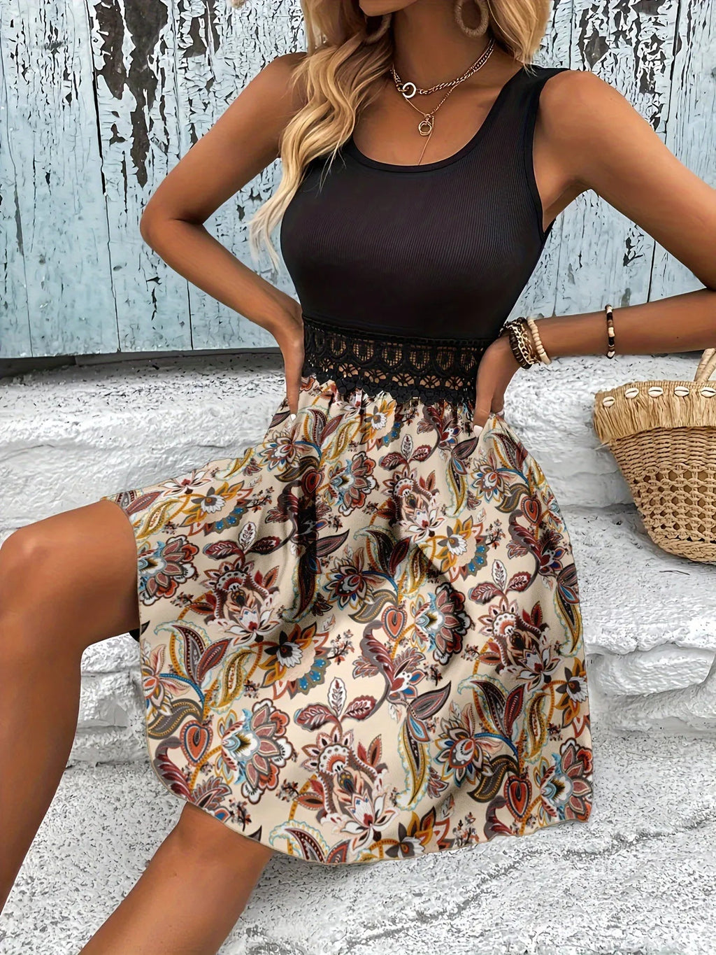 Printed A-Line Tank Dress with Lace Waist