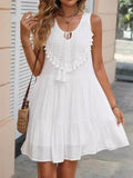 Lace Trim V-neck Sleeveless Tassel Tie Mini&Short Dresses