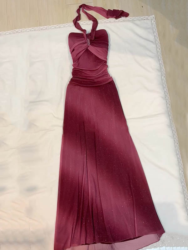 Sequinned gradient color Sleeveless Halterneck Tube Evening Mermaid Maxi Dresses