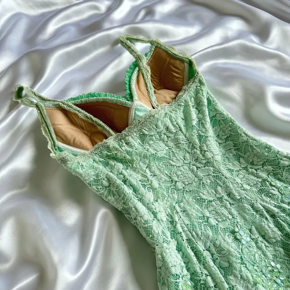Mint Green Shiny Charming Stunning Unique Fashion Beautiful Elegant Delicate Lace Long Lace Sequin Fairy Ball Gown Evening Gown Birthday Party Gown Prom Gown