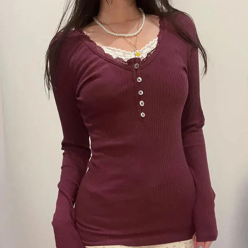 Voguable  Y2K Button-up Knitted Top Red Year Christmas Coquette Aesthetic Slim-fit T-shirts Sweet Cute Knitwear Festival Tees