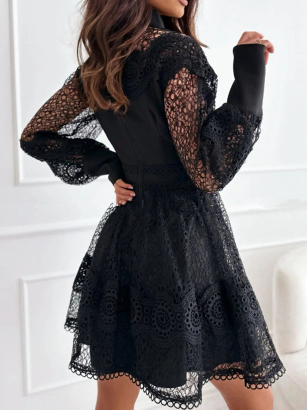 Lace Mini Dress with Lantern Sleeves