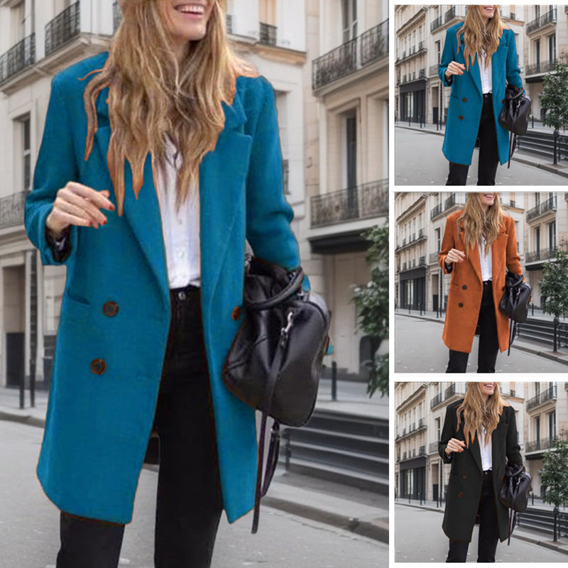 Women's Chic Bouclé Coat with Double-Breasted Button Closure