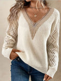 Elegant Sweater with V-Neck and Openwork Sleeves for Women