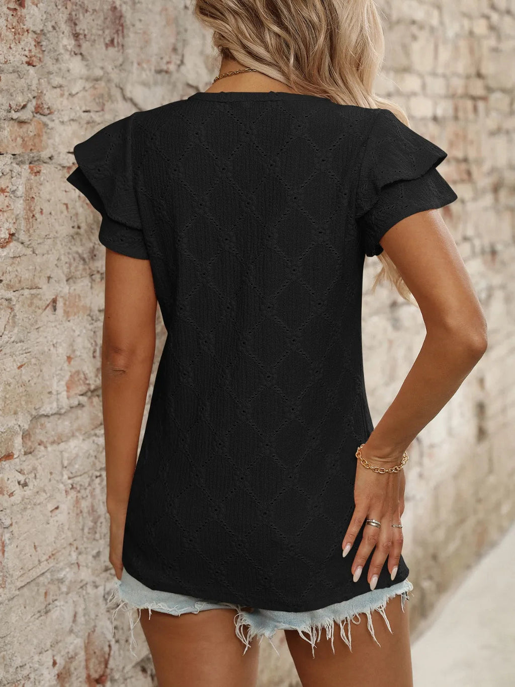 Blouse Top Boho Eyelet Ruffled Cap Sleeve Soft Knitwear