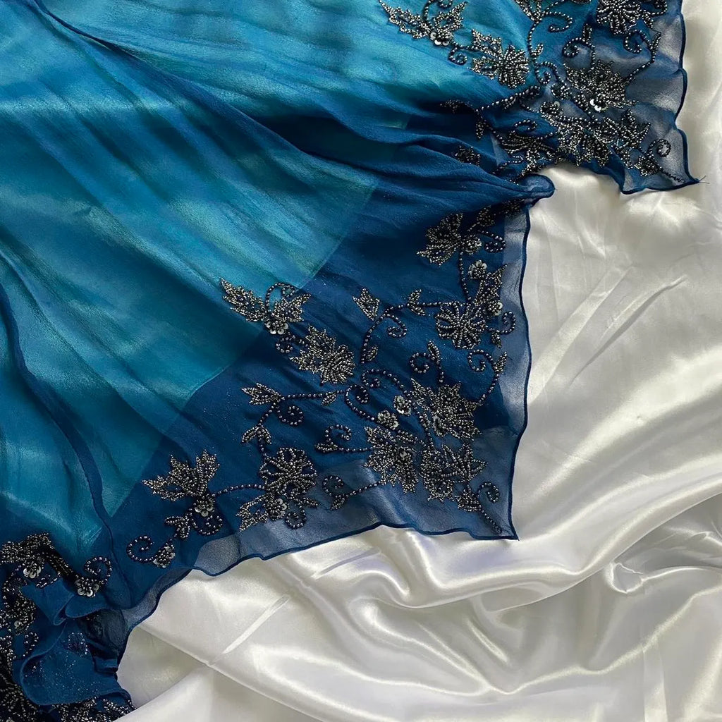 Dark blue gorgeous flowing vintage beautiful elegant delicate floral beaded spaetti strap long chiffon ball gown evening dress party dress prom dress