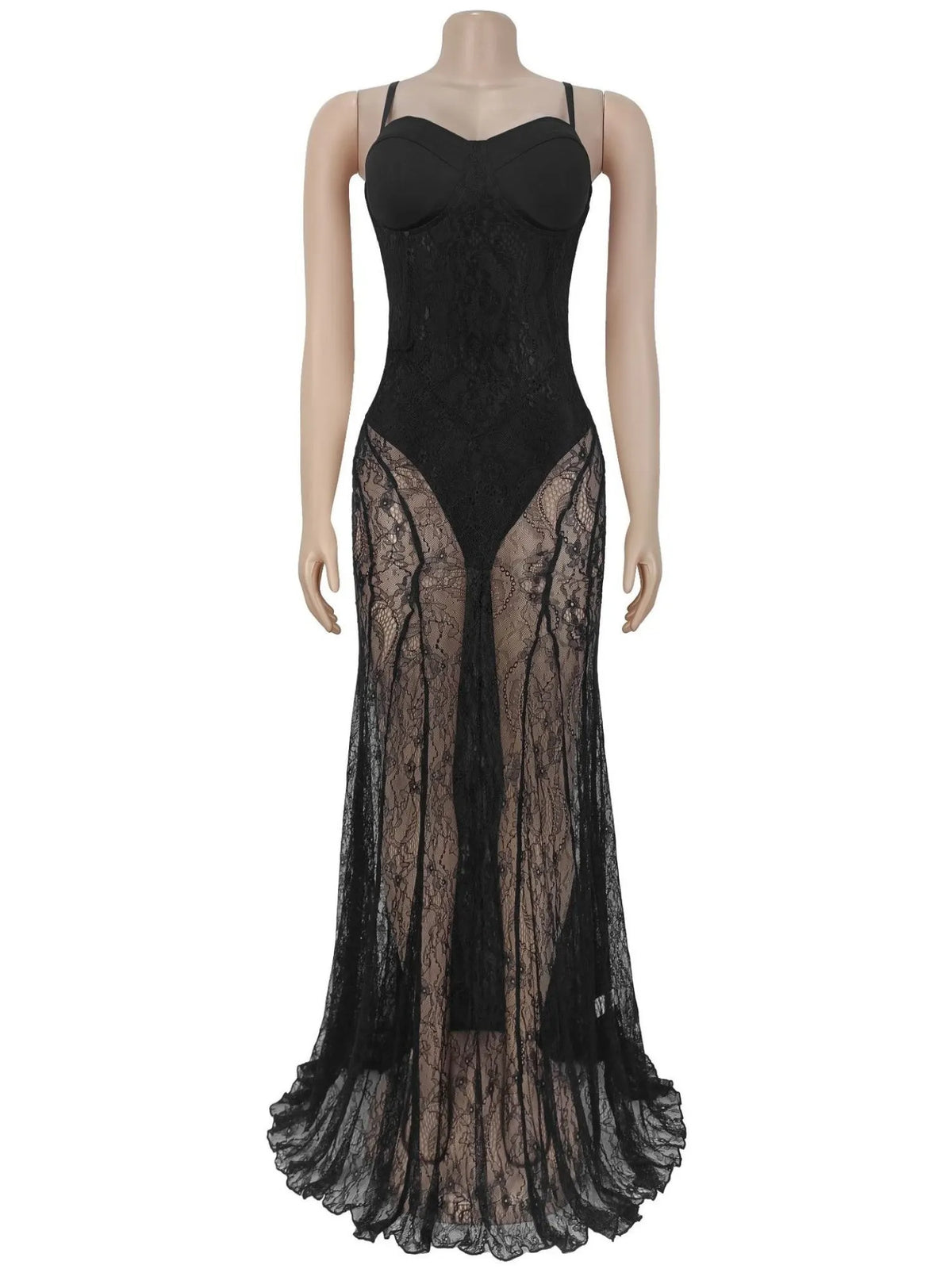 Lace Patchwork Evening Gown See-through Backless Camisoles Maxi Dresses