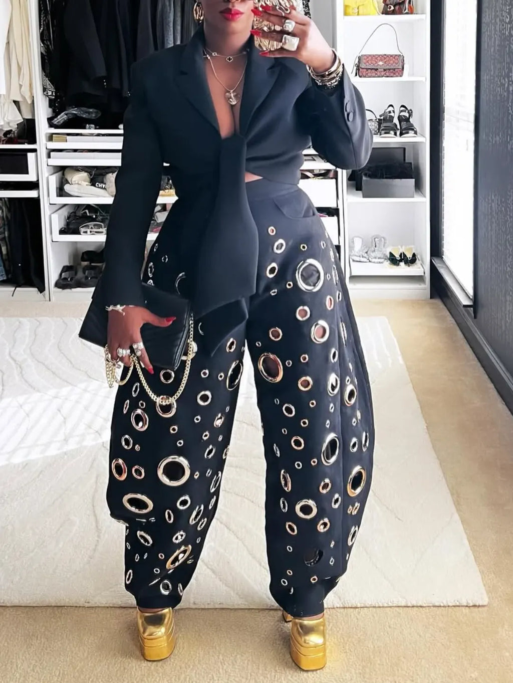 Women's Multi-hole Eyelet Fashion Curved Trousers