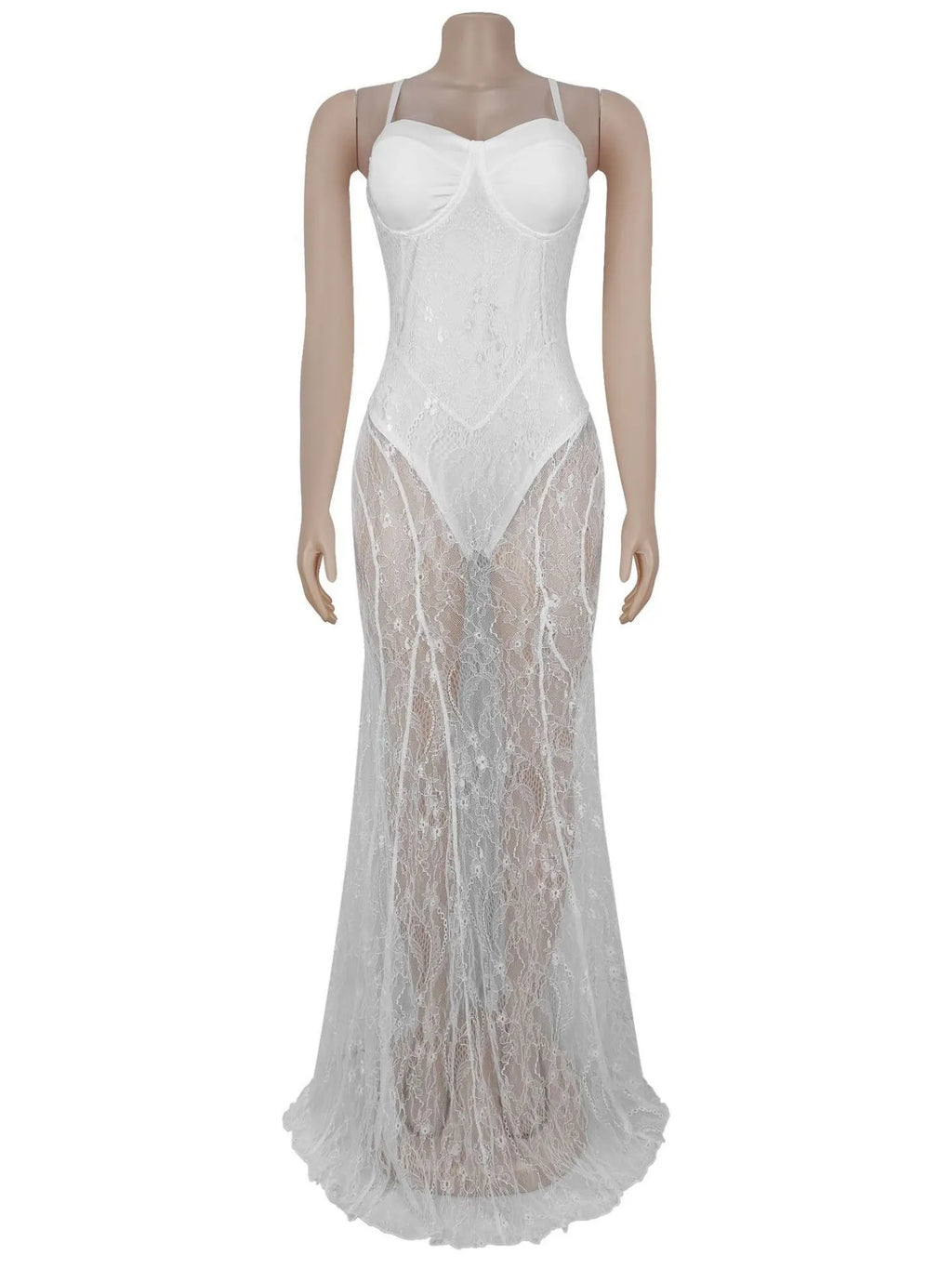 Lace Patchwork Evening Gown See-through Backless Camisoles Maxi Dresses