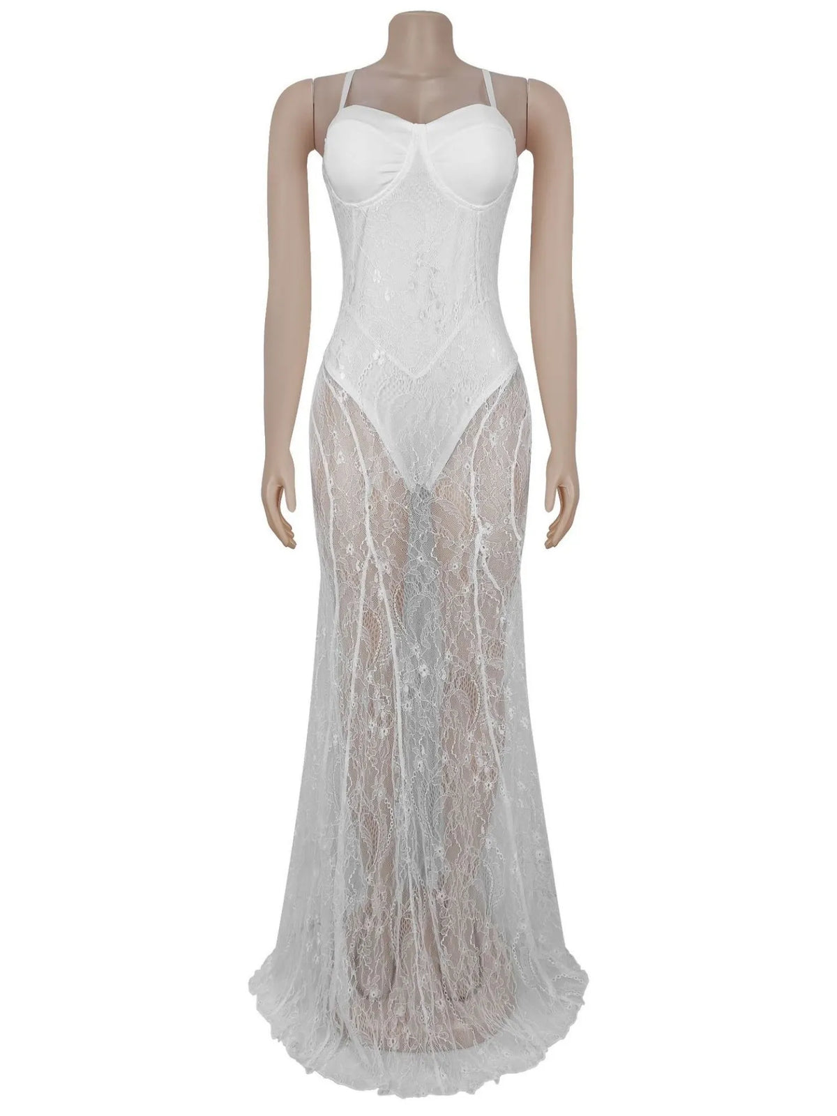 Lace Patchwork Evening Gown See-through Backless Camisoles Maxi Dresses
