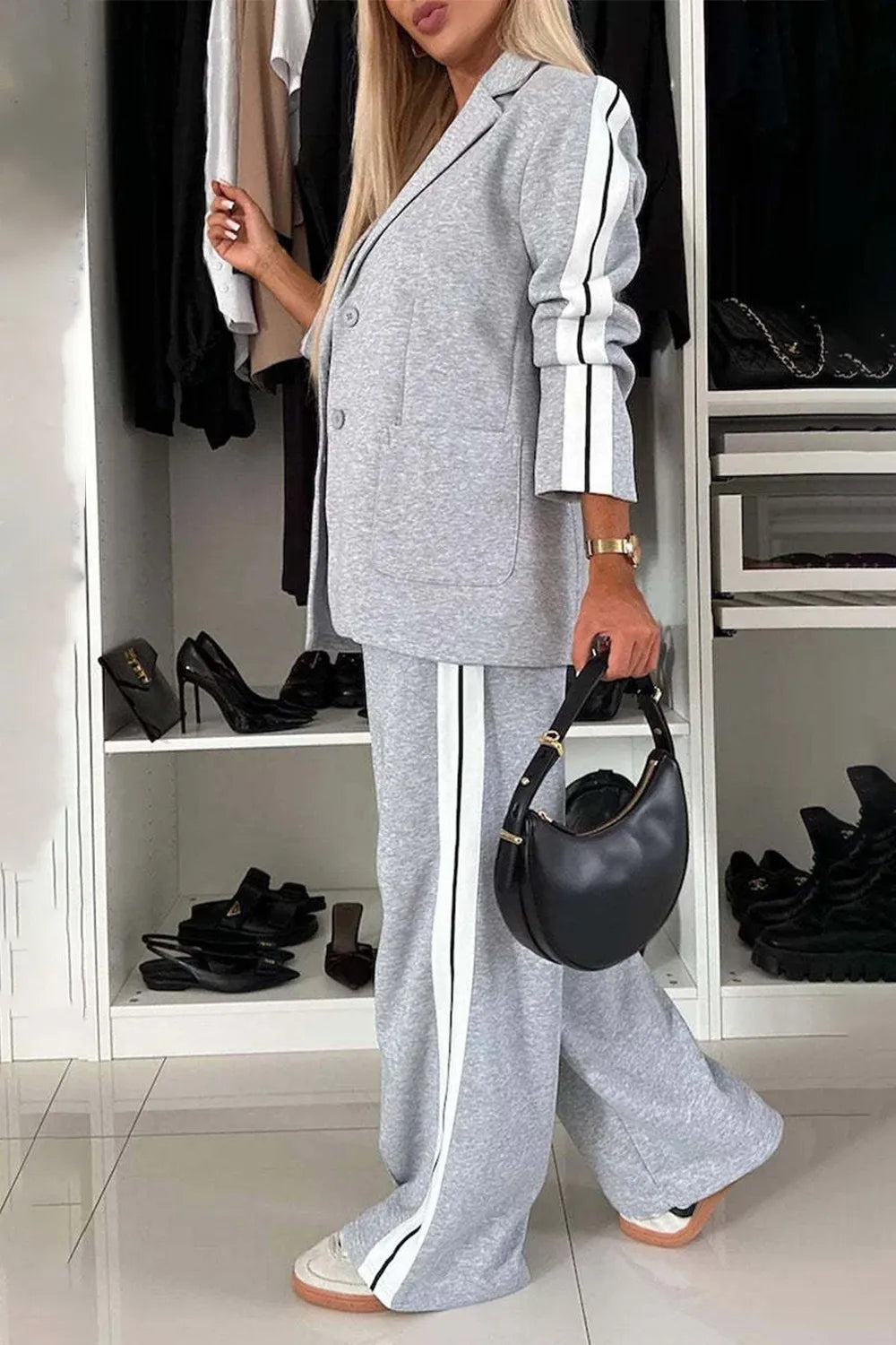 Two-Piece Outfit Set Plus-Size Lapel Top and Comfort Pants