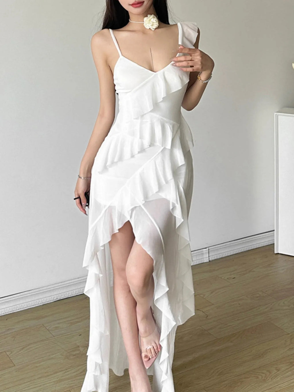 Ruffle Irregular Spaghetti Strap Backless Mini&Short Dresses
