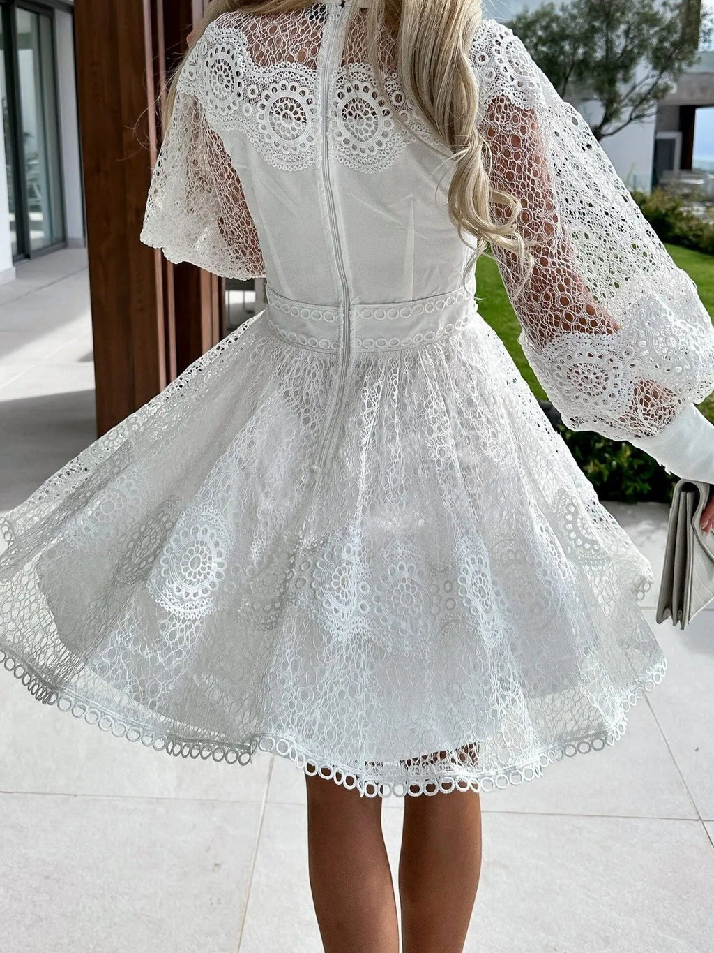 Lace Mini Dress with Lantern Sleeves
