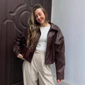 Leather Jacket for Women Short Brown with Zipper, Pockets, and Oversized Fit