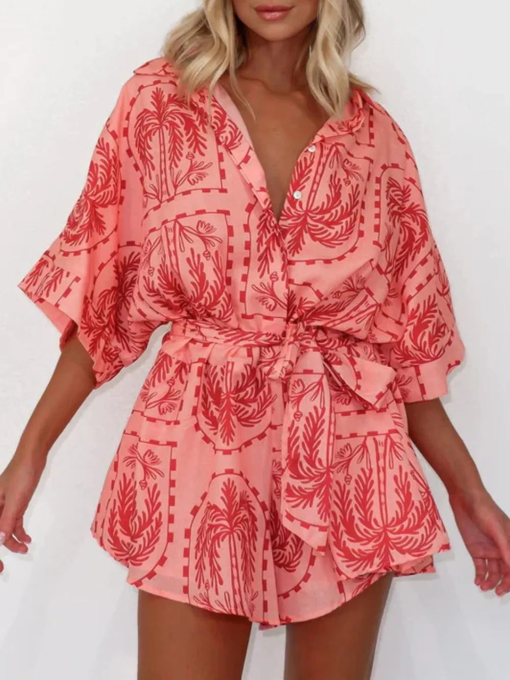 Printed Romper – Tie Waist with Half Sleeves