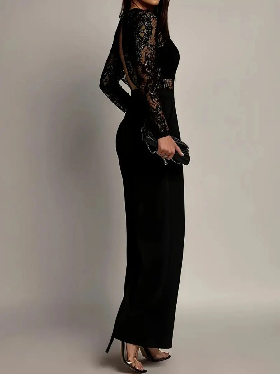 Lace Stitching Perspective Long Sleeve Wide Leg Jumpsuits